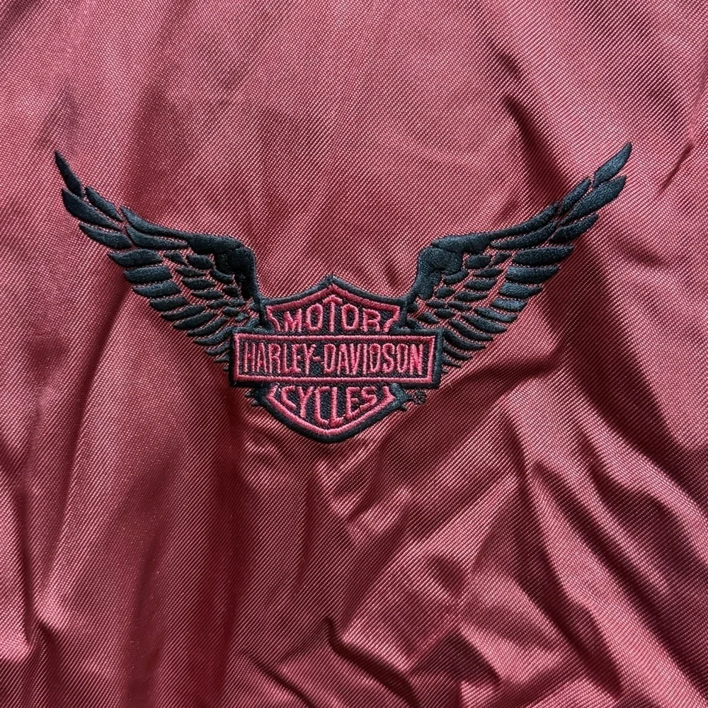 Harley-Davidson Women’s M Burgundy Nylon Motorcycle Jacket Metal Logo Zip Cuffs
